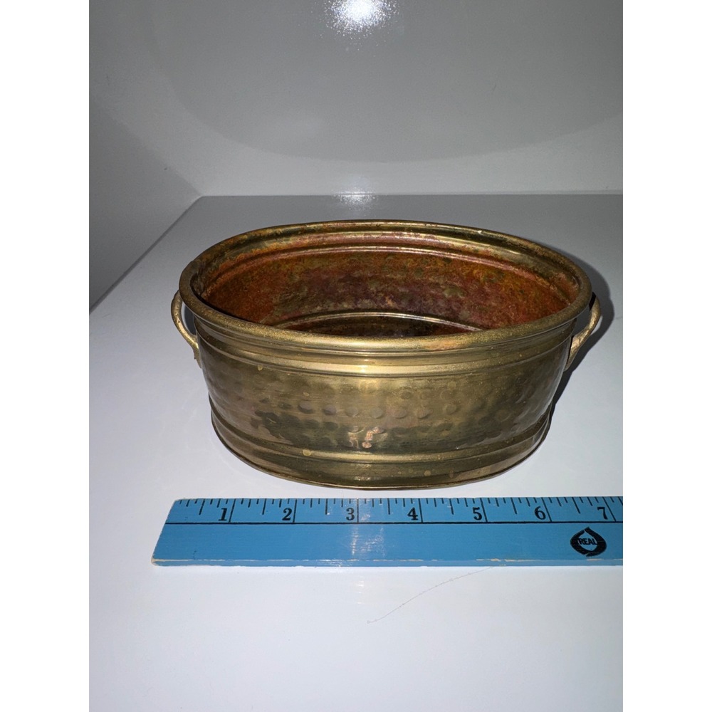 Vintage Oval Brass Planter Bucket with Handles Hammered Metal Made in India
